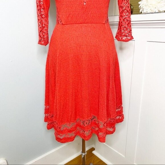 Free People Red Lace Crochet Cut Out Fit & Flare Dress Medium - Picture 9 of 11